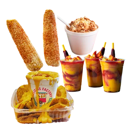 Elotes, elote en vaso, elote chorreado and mangonadas at Delicias Factory in Branson