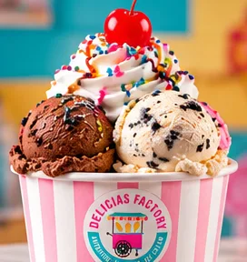 Ice cream cup with three scoops at Delicias Factory