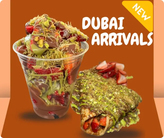 Dubai strawberries and Dubai crepe with pistachio cream