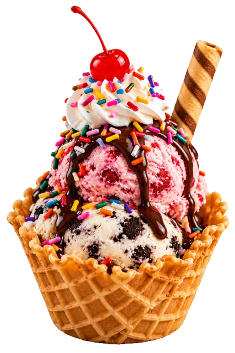 Ice cream sundae in a waffle bowl at Delicias Factory