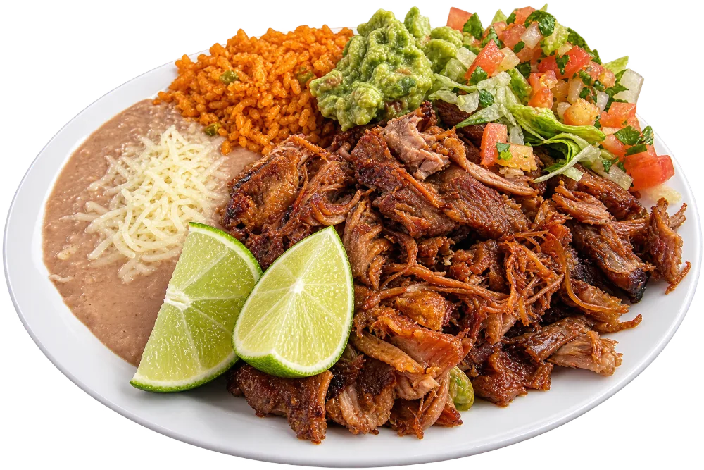 Barbacoa plate with rice, refried beans, guacamole and pico de gallo at Delicias Factory in Branson