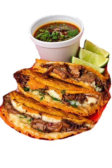Quesabirrias with consommé and lime at Delicias Factory in Branson
