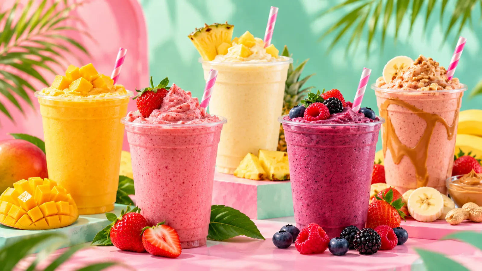Mango, strawberry, piña colada, berry and peanut butter smoothies with fresh fruit
