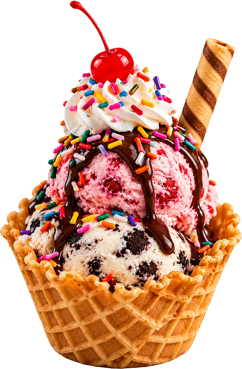 Ice cream sundae in a waffle bowl at Delicias Factory in Branson